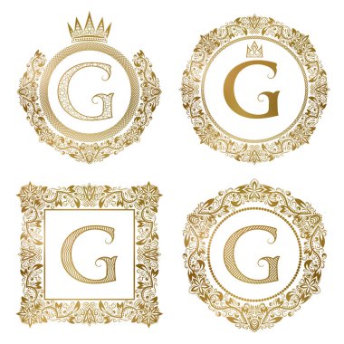 Golden letter G vintage monograms set. Heraldic coats of arms, round and square frames. clipart