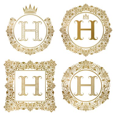 Altın harf H vintage Monogram ayarlayın. Hanedan arma, yuvarlak ve kare çerçeveler.
