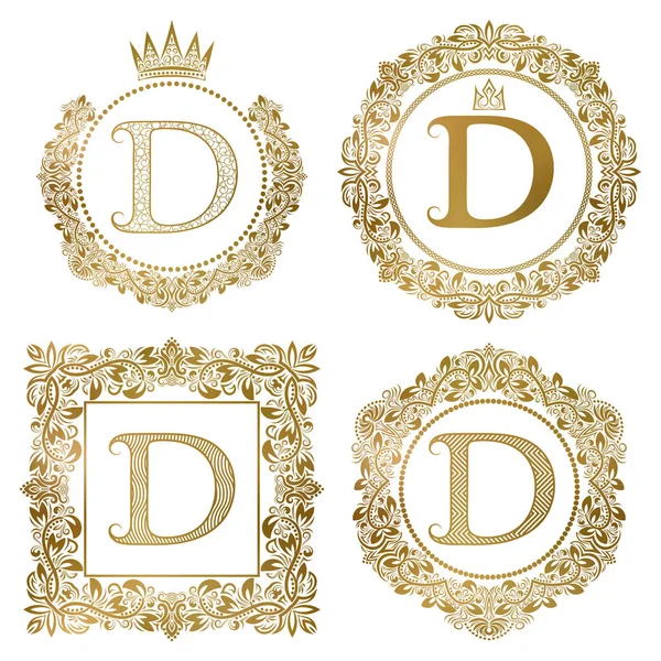 Altın harf D vintage Monogram ayarlayın. Hanedan arma, yuvarlak ve kare çerçeveler.