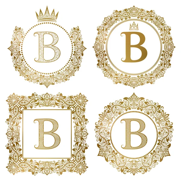 Ensemble de monogrammes vintage B de lettre dorée. Armoiries héraldiques, cadres ronds et carrés . — Image vectorielle