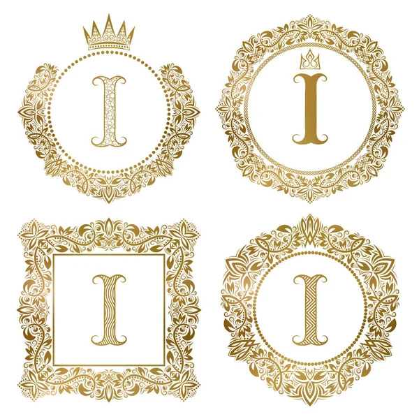 Golden letter I vintage monograms set. Heraldic coats of arms, round and square frames. — Stock Vector