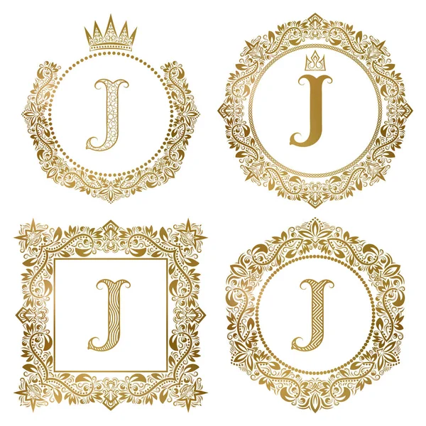 Złote litery J monogramy vintage zestaw. Heraldyczne herbów, okrągłe i kwadratowe ramki. — Wektor stockowy