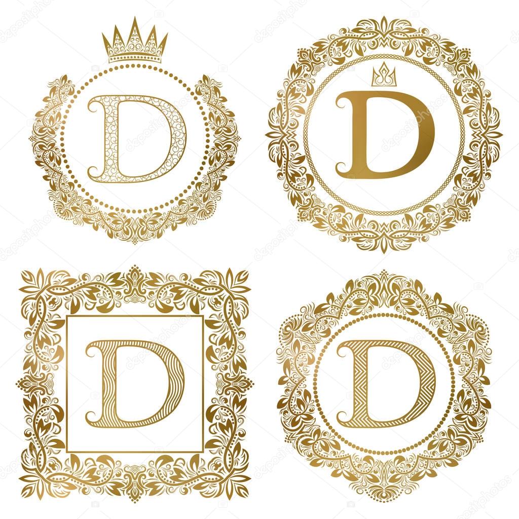 Golden letter D vintage monograms set. Heraldic coats of arms, round and square frames.
