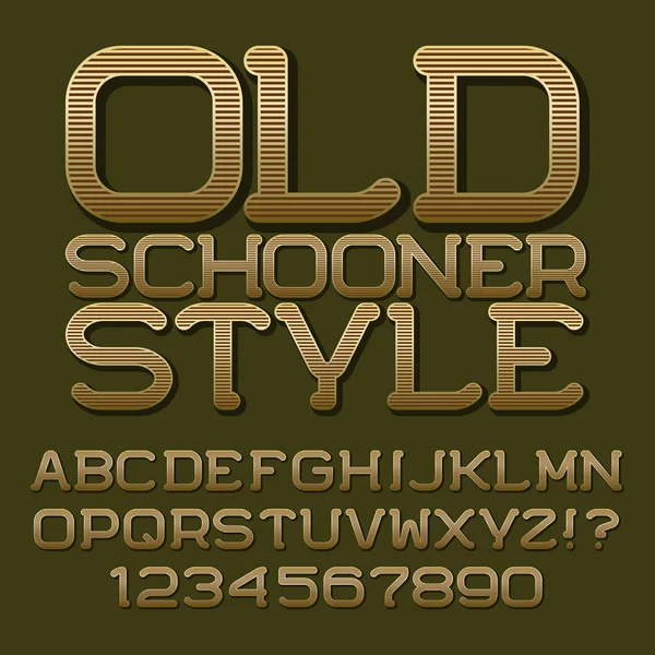 Lettere e numeri a strisce marrone dorato. Bellissimo carattere tondeggiante. Isolato alfabeto inglese ed emblema con testo Old Schooner Style . — Vettoriale Stock