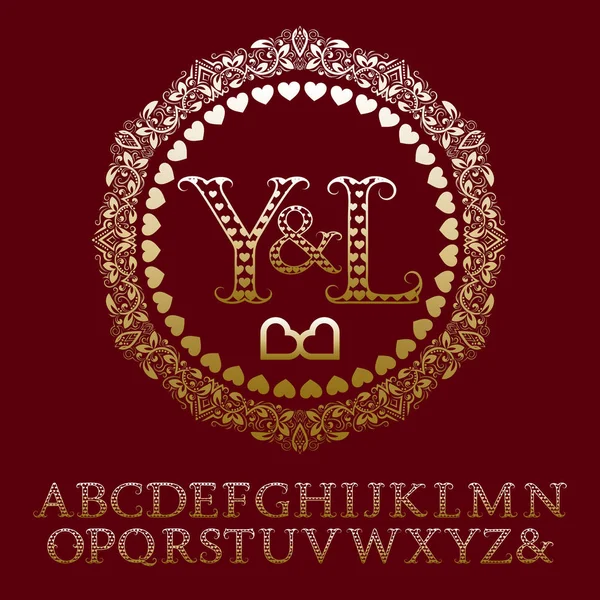 Corazones dorados con dibujos de letras con un monograma inicial de pareja en marco floral. Stylish fuente en estilo romantic . — Vector de stock