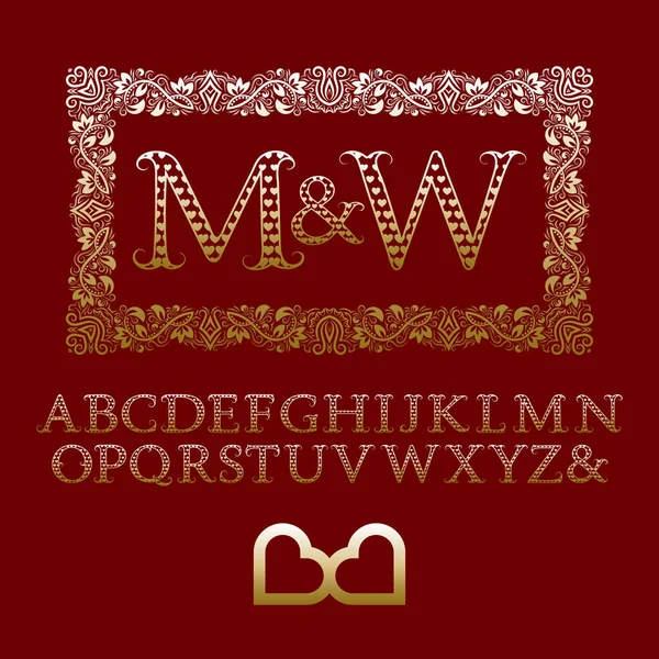 Coeurs d'or lettres à motifs avec couple monogramme initial dans un cadre floral rectangulaire. Fonte élégante dans un style romantique . — Image vectorielle