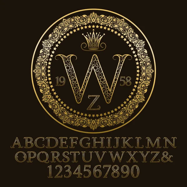 Lettres et chiffres dorés ornés du monogramme initial W. Fonte décorative à motifs pour la conception de logo . — Image vectorielle