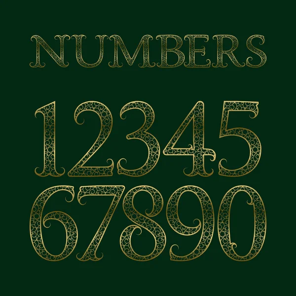 Золотые украшенные цифры с усиками. Декоративный винтажный шрифт . — стоковый вектор