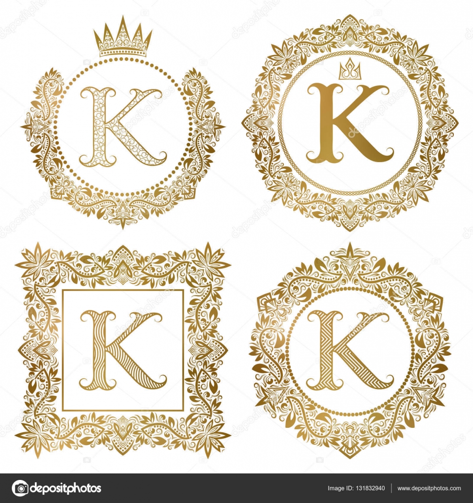 Golden letter K vintage monograms set. Heraldic coats of arms, round ...