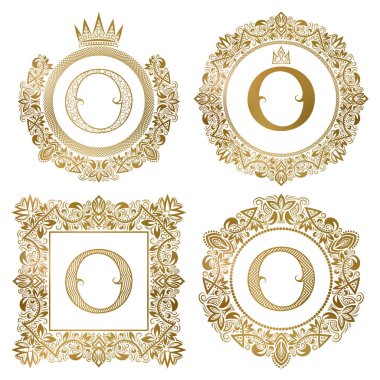 Altın harf O vintage Monogram ayarlayın. Hanedan arma, yuvarlak ve kare çerçeveler.