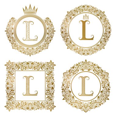 Altın harf L vintage Monogram ayarlayın. Hanedan arma, yuvarlak ve kare çerçeveler.