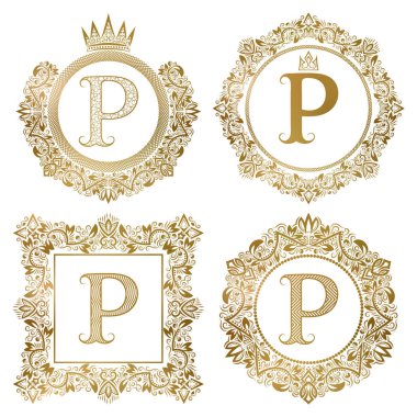 Altın harf P vintage Monogram ayarlayın. Hanedan arma, yuvarlak ve kare çerçeveler.