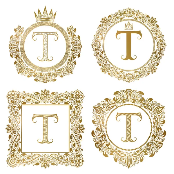 Golden letter T vintage monograms set. Heraldic coats of arms, round and square frames. — Stock Vector