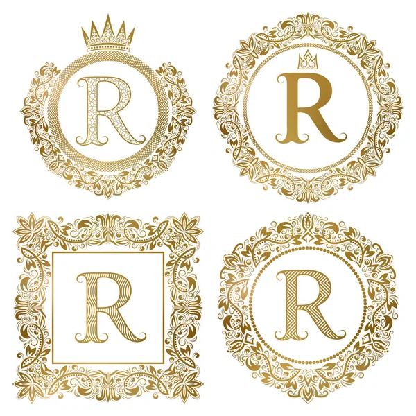 Altın harf R vintage Monogram ayarlayın. Hanedan arma, yuvarlak ve kare çerçeveler.