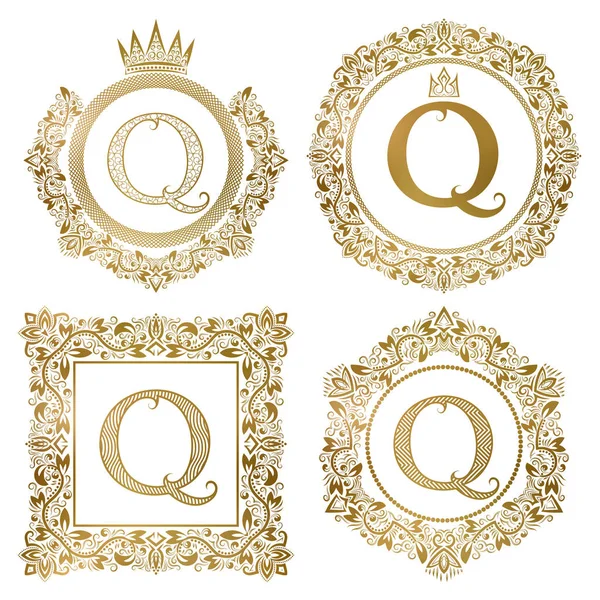 Golden letter Q vintage monograms set. Heraldic coats of arms, round and square frames. — Stock Vector
