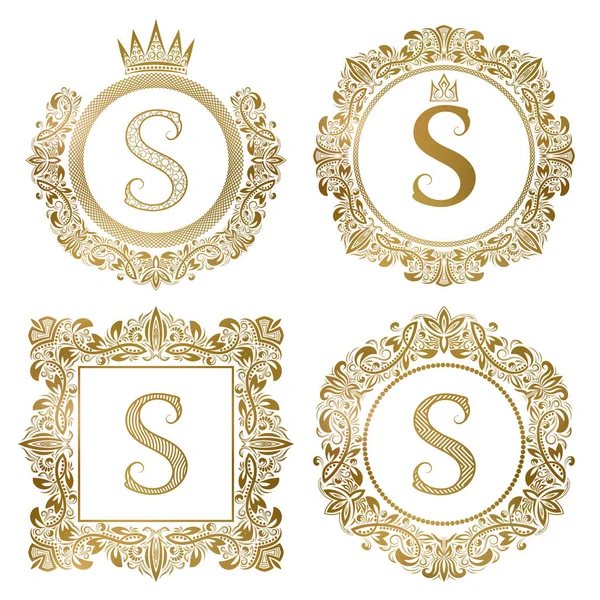 Golden letter S vintage monograms set. Heraldic coats of arms, round and square frames. — Stock Vector