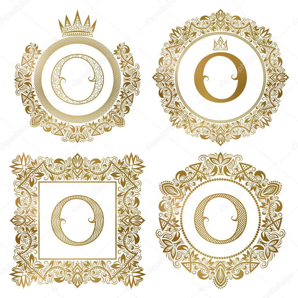 Golden letter O vintage monograms set. Heraldic coats of arms, round and square frames.