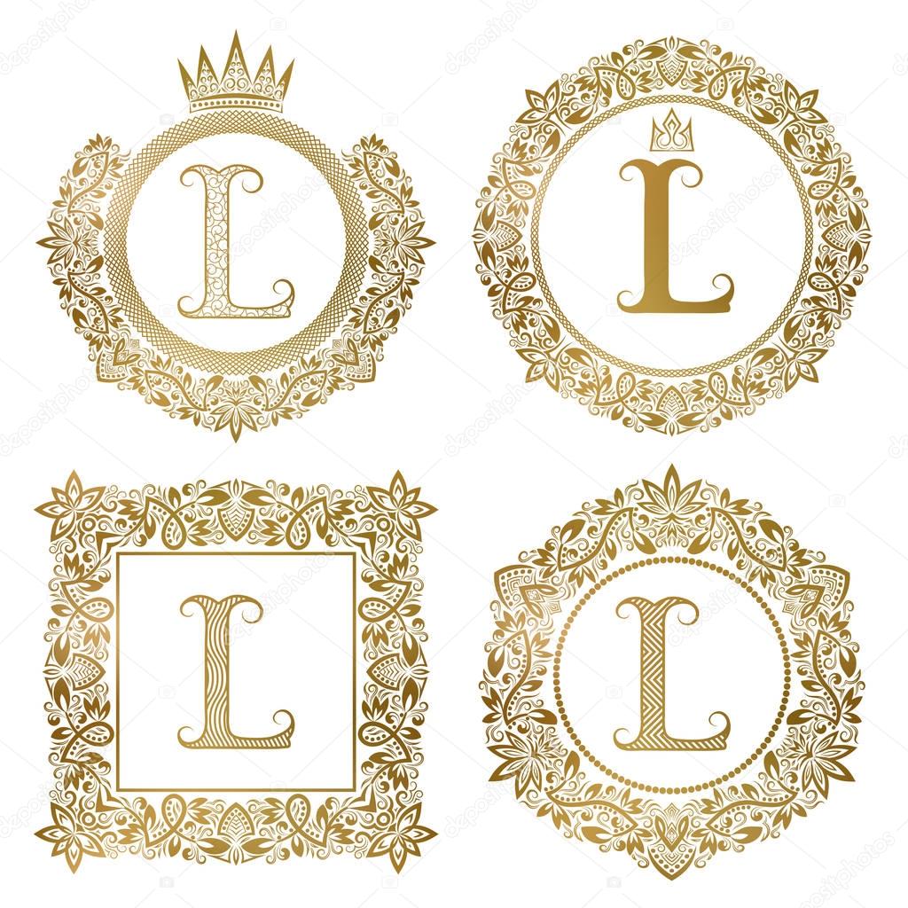 Golden letter L vintage monograms set. Heraldic coats of arms, round and square frames.