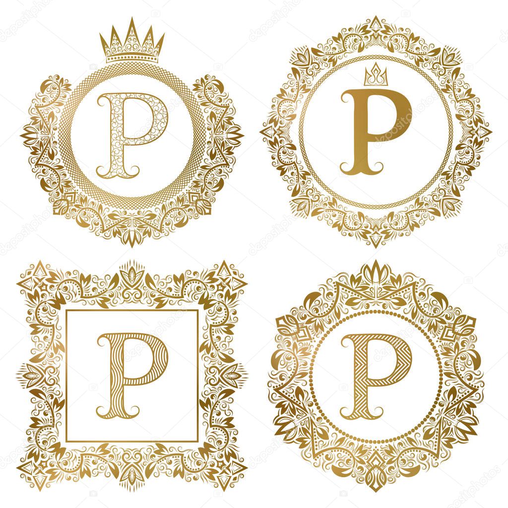 Golden letter P vintage monograms set. Heraldic coats of arms, round and square frames.