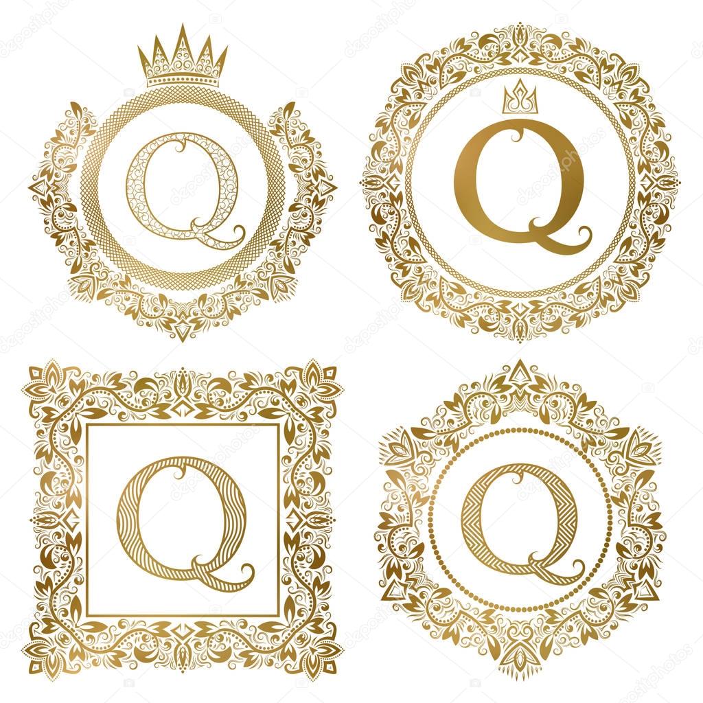 Golden letter Q vintage monograms set. Heraldic coats of arms, round and square frames.