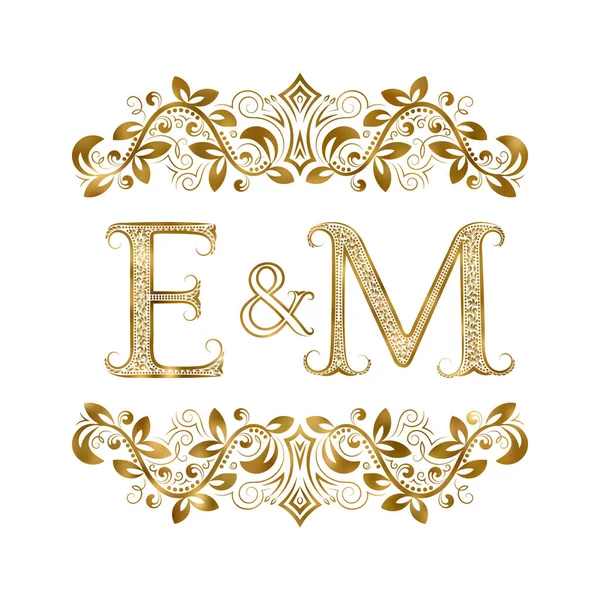 E and M vintage initials logo symbol. The letters are surrounded by ornamental elements. — Stock Vector