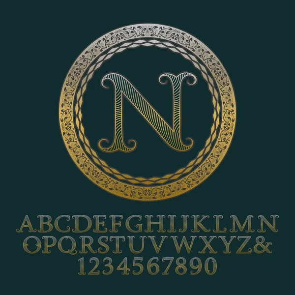 Letras y números ondulados de oro con dibujos con monograma inicial . — Vector de stock