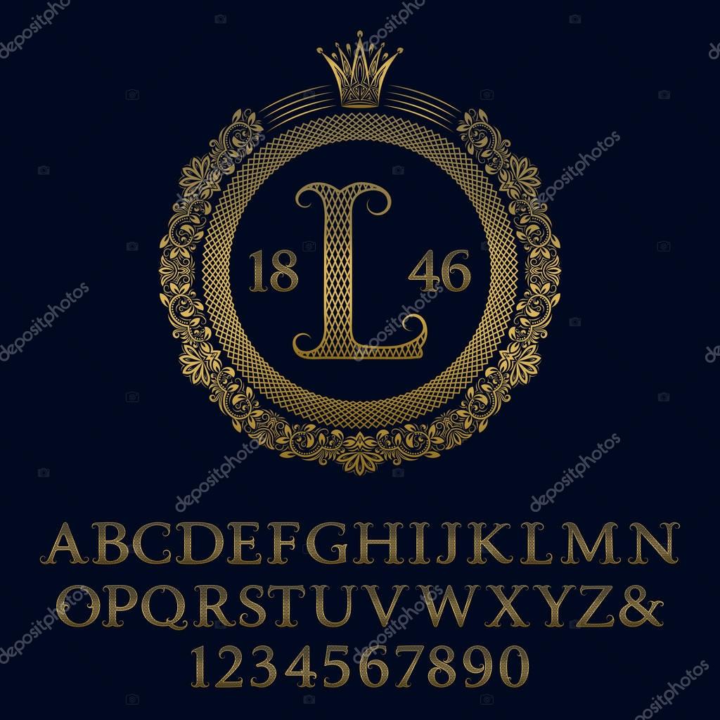 Lattice patterned gold letters and numbers with initial monogram in coat of arms form. Decorative patterned font for logo design. Isolated english vintage alphabet, figures.