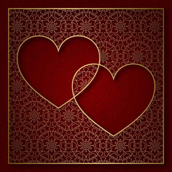 Fondo con dibujos románticos con marco de dos corazones — Vector de stock