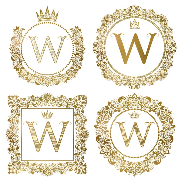 Gouden letter W vintage monogrammen set. — Stockvector