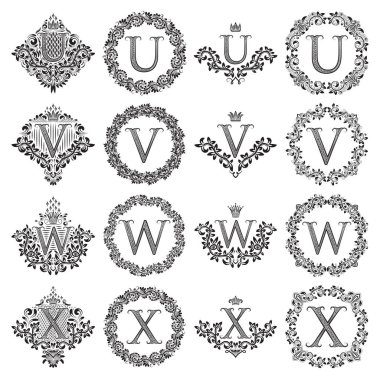 Vintage Monogram kümesi hanedan arma, çiçek yuvarlak ve kare kare sembollerde X. U, V, W, mektuplar.