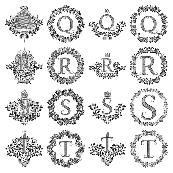 Vintage monograms set of letters Q, R, S, T. Heraldic coats of arms, symbols in floral round and square frames. — Stock Vector