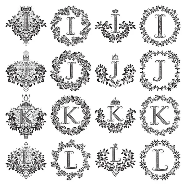 Monogramas vintage conjunto de letras I, J, K, L. Casacos heráldicos de armas, símbolos em armações redondas e quadradas florais . — Vetor de Stock