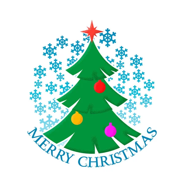 Pegatina de Feliz Navidad con la imagen de un árbol de Navidad decorado y copos de nieve . — Vector de stock