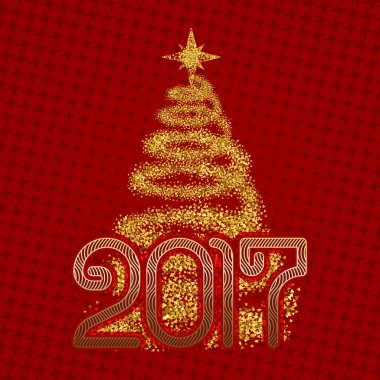 2017 yeni yıl kutlama kırmızı yıldızlı zemin üzerine altın ışıltılı yılbaşı ağacı ile. Tatil tebrik kartı şablonu.