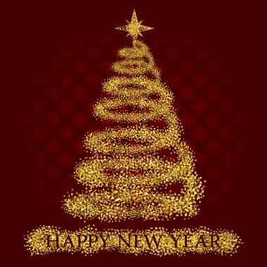 Mutlu yeni yıl kutlama altın ışıltılı Noel ağacına güzel kırmızı arka plan ile. Tatil tebrik kartı şablonu.