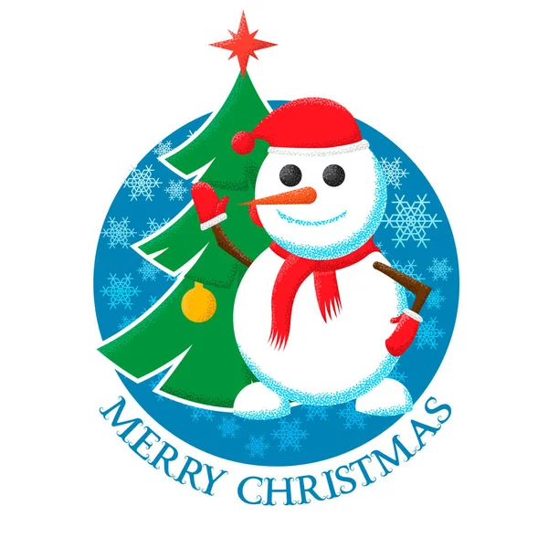 Feliz Navidad pegatina con la imagen de un árbol de Navidad, muñeco de nieve y copos de nieve . — Vector de stock