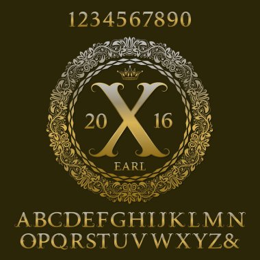 Altın harfler ve sayılar ilk monogram ile. Logo tasarımı için Kraliyet yazı tipi ve öğeleri kiti.