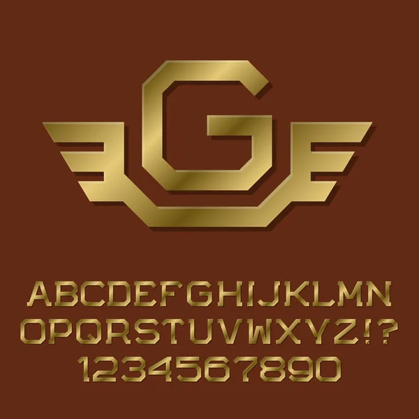 Золоті кутові літери та цифри з початковою монограмою з крилами. Красивий презентабельний набір шрифтів для дизайну логотипу . — стоковий вектор