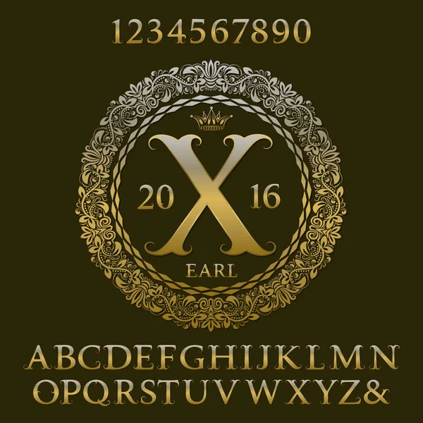 Letras douradas e números com monograma inicial. Royal fonte e elementos kit para design de logotipo . — Vetor de Stock