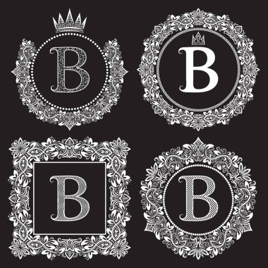 Vintage Monogram B harfini ayarlayın. Hanedan arma çelenk içinde yuvarlak ve kare çerçeveler.
