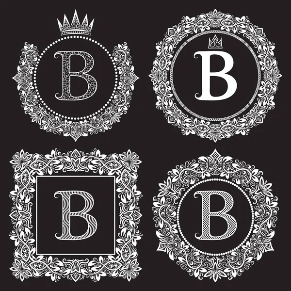 Vintage monograms set of B letter. Heraldic coats of arms in wreaths, round and square frames. — Stock Vector