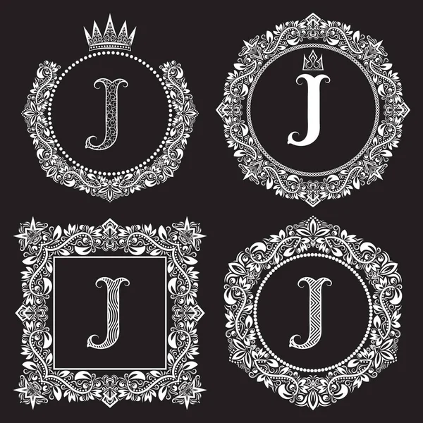 ビンテージ モノグラムは、J の文字をセットします。花輪の紋章紋章付き外衣、丸形と角形のフレーム. — ストックベクタ