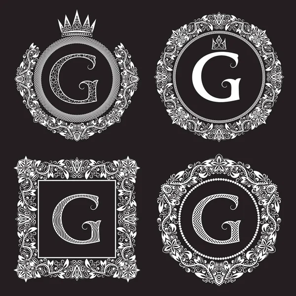 Vintage monograms set of G letter. Heraldic coats of arms in wreaths, round and square frames. — Stock Vector