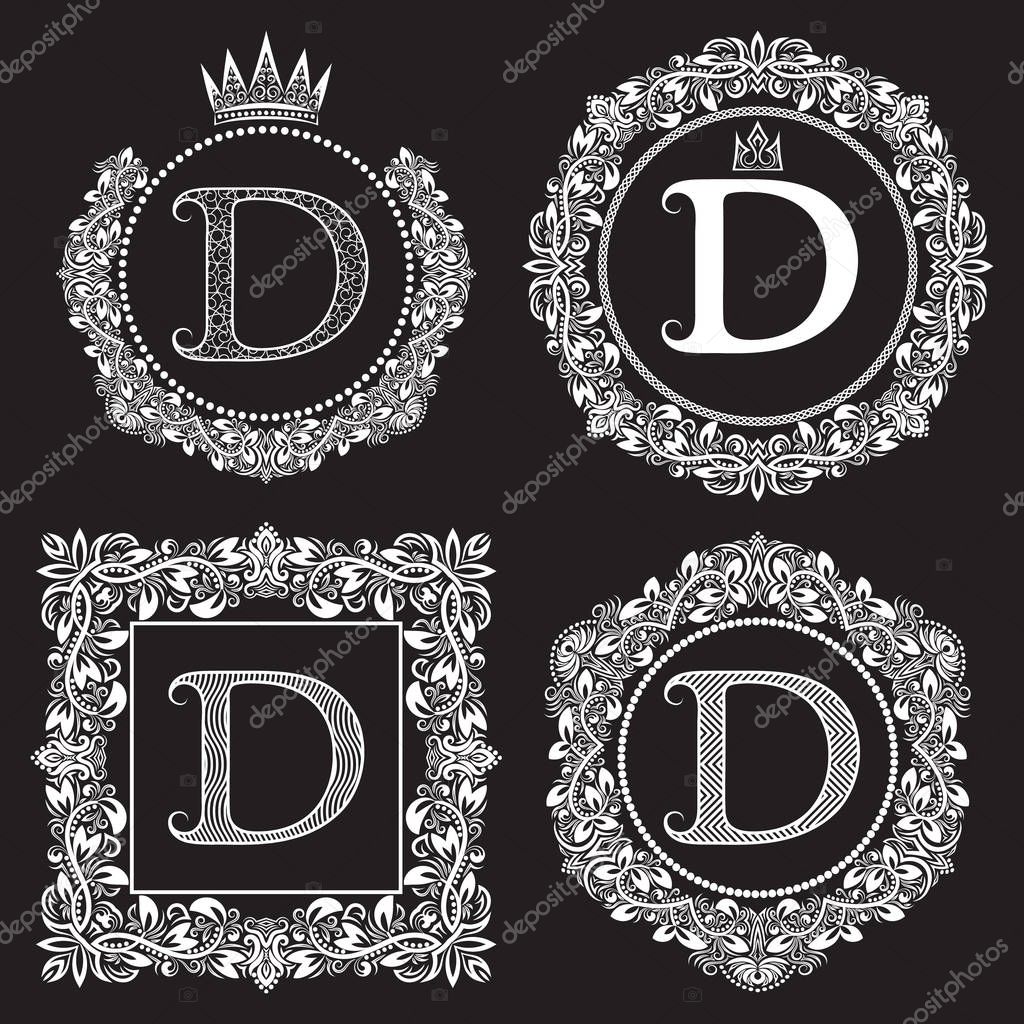 Vintage monograms set of D letter. Heraldic coats of arms in wreaths, round and square frames. White symbols on black.