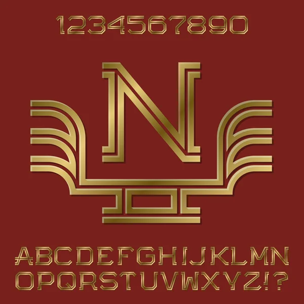 Arany szögletes betűket és számokat, két csíkok. Monogram szárnyakkal. Divat szalonképes betűtípus készlet logo tervezés. — Stock Vector