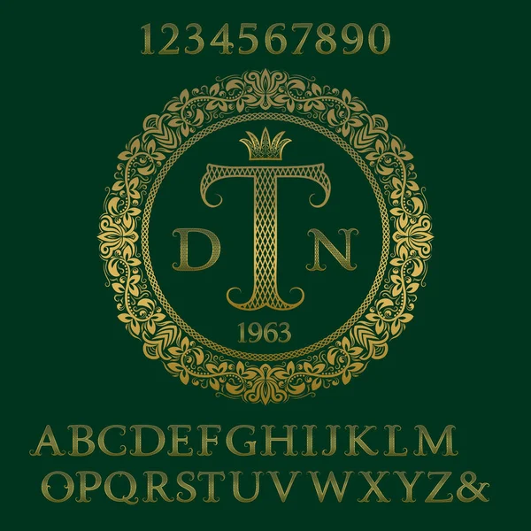 A treliça padronizou letras de ouro e números com monograma inicial. Decorativo modelado fonte e elementos kit para design de logotipo . — Vetor de Stock
