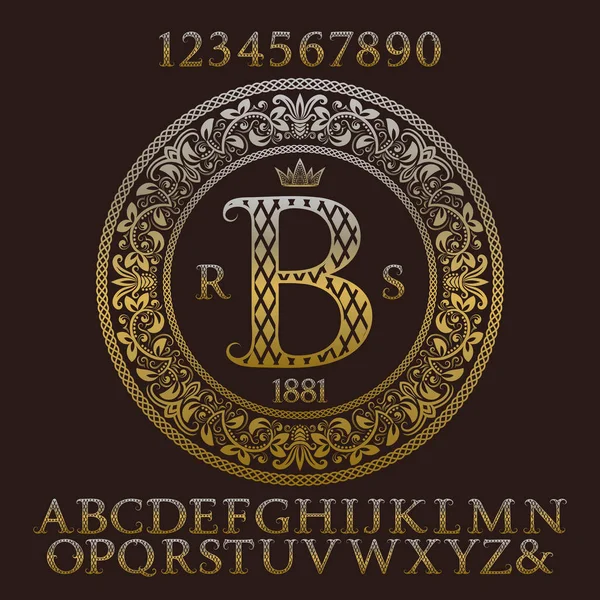 Patterned gold letters and numbers with initial monogram. Elegant patterned font and elements kit for logo design. — Stock Vector