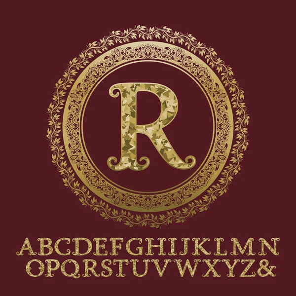 Initial monogram with letters encrusted small glittering fragments. Vintage font and elements kit for logo design. — Stock Vector