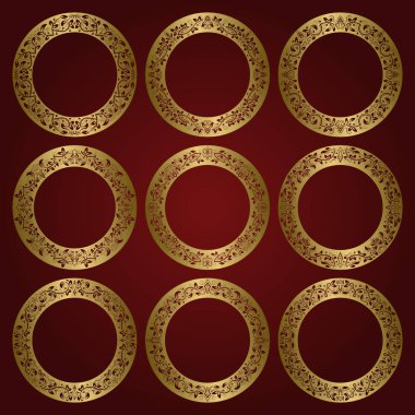 Çiçek süsleme kenarlık altın yuvarlak çerçeve kümesi.