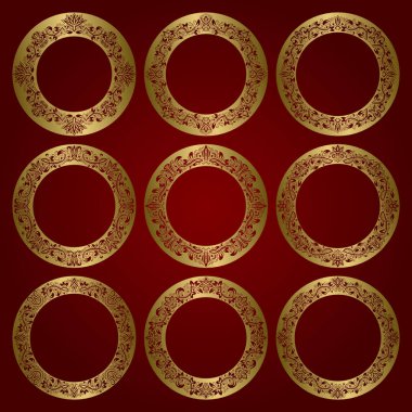 Çiçek süsleme kenarlık altın yuvarlak çerçeve kümesi.